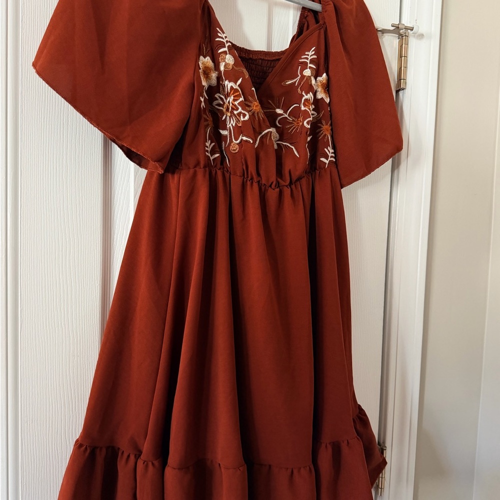 Elegant Rust Midi Dress with Floral Embroidery